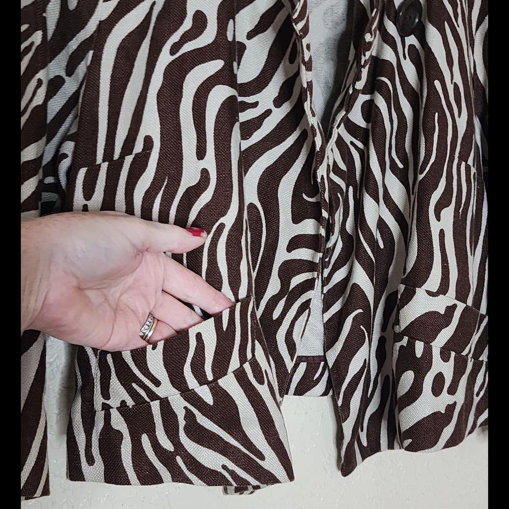 Willi Smith Brown and White Zebra Print Women's Jacket 100% Linen Size M - Picture 4 of 9
